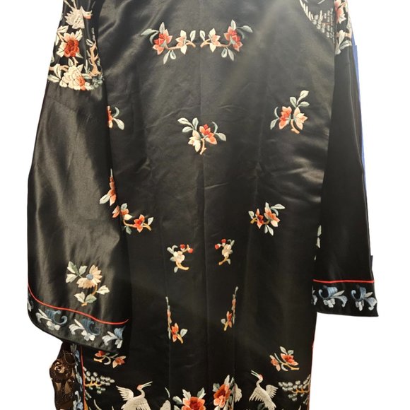 Silk Embroidered Black Floral Birds Jacket 3/4 Sleeve Side Slits DUNHUANG XL - Picture 3 of 7